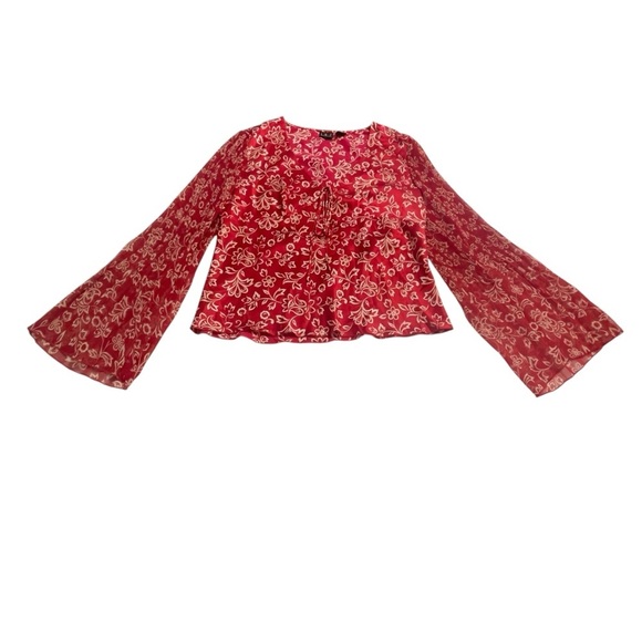INC Y2K Blouse Flare Sleeve Whimsigoth Boho Silk Red Floral Fairy Size 8 - Picture 8 of 14